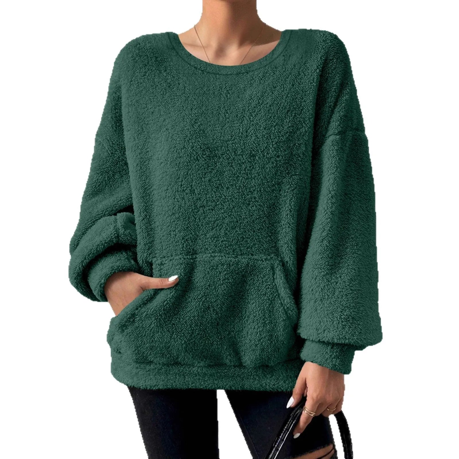Fashion solid colour round neck long sleeve pullover loose fit polyester top in milky white, black, orange red, sky blue, olive green, dark brown