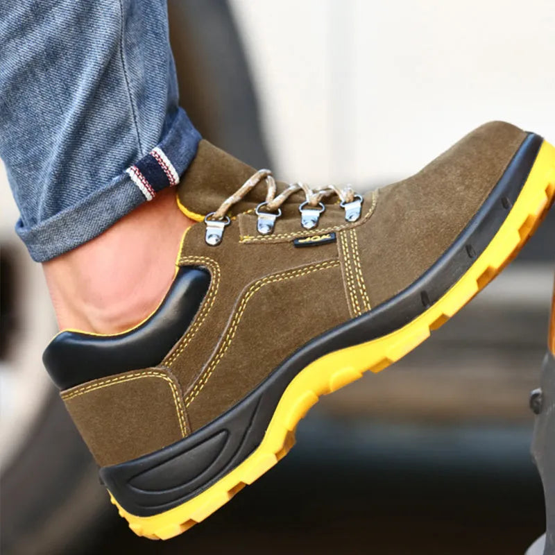 Bronze cow suede leather steel toe safety boots with low-cut design and anti-skid sole