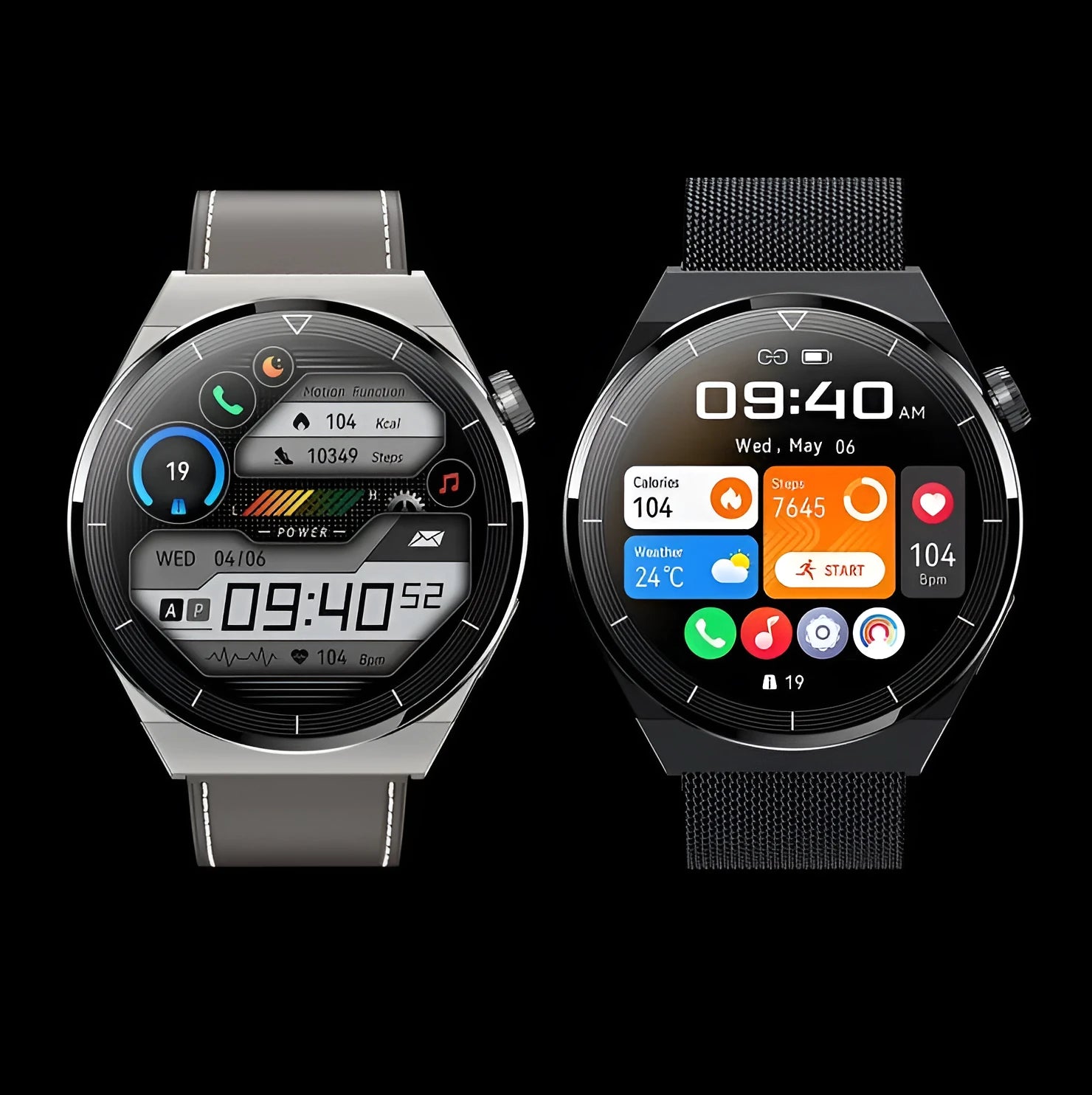 Round Android smartwatch with black silicone strap showing colour screen displaying time and notifications