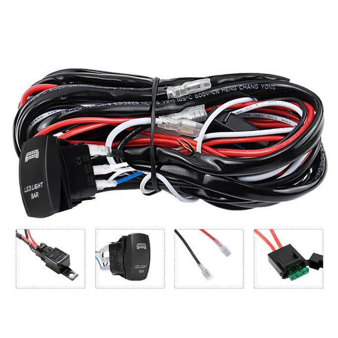 Black off road LED spotlight cable set with 2 metre wiring harness and LED light bar switch