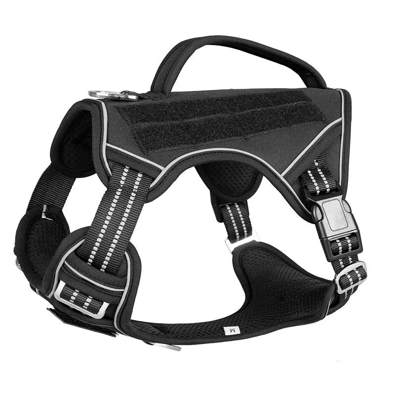 Black Oxford cloth tactical chest strap for a large search and rescue working dog.