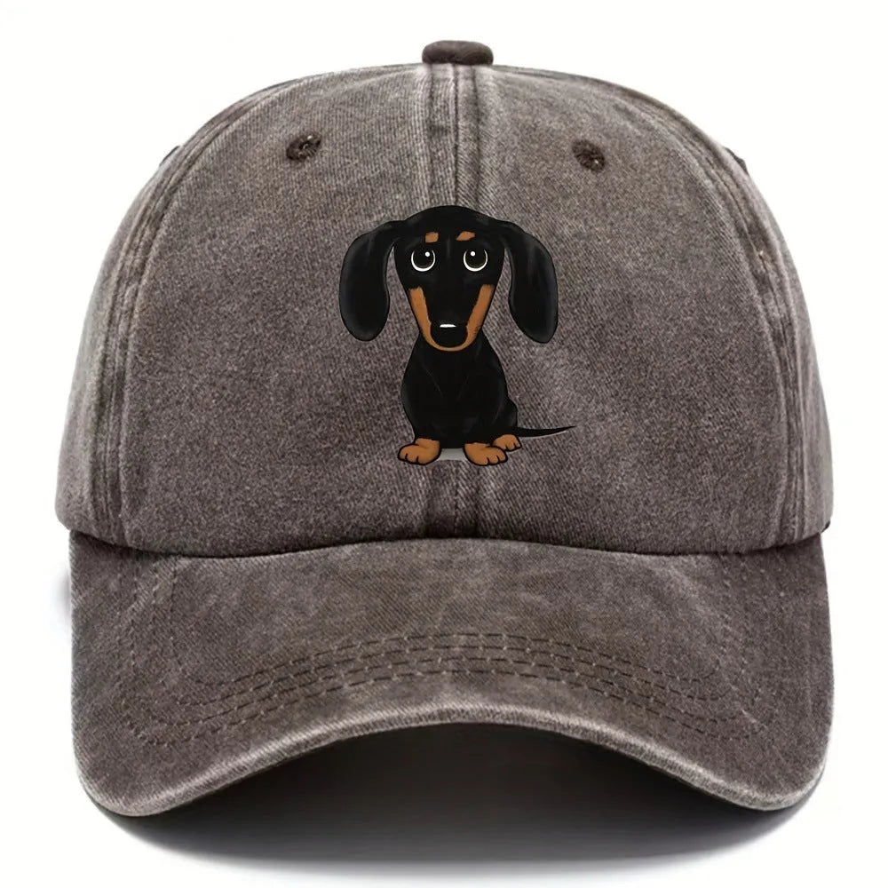 Retro washed baseball cap with embroidered Dachshund design and digital print in cotton fabric