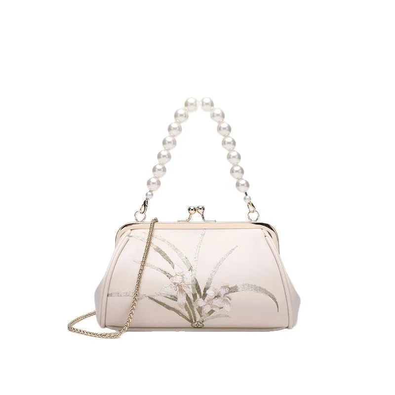 Beige embroidered PU shell shape women's shoulder bag with soft texture and casual style