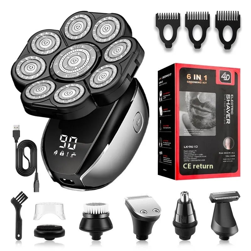 Black rechargeable hair clipper kit with multiple attachments including shaver, nose trimmer, and combs