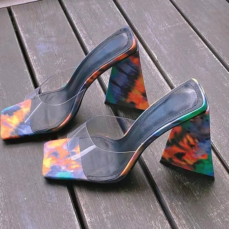 Women's square toe triangle heel slippers in solid colours with thick heel and rubber sole