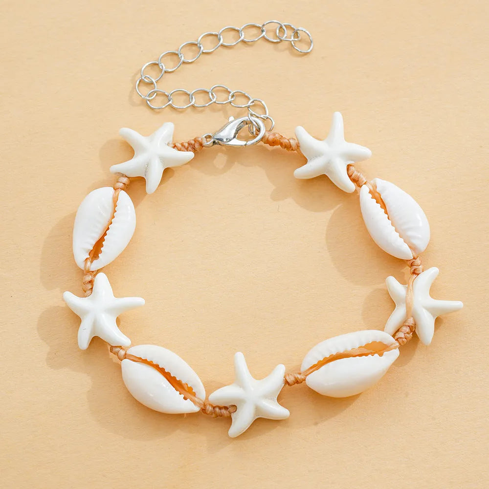 Hand-woven starfish shell bracelet in beige cord, unisex DIY style