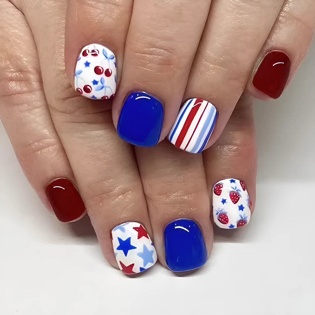 Short glossy red and blue nail stickers with strawberry and cherry patterns for Independence Day