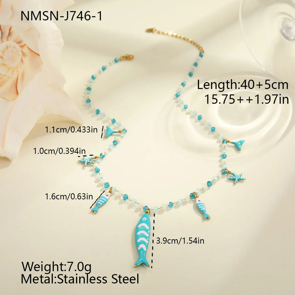 18K gold plated stainless steel necklace with oil dripping fish pendant and coloured beads on adjustable chain