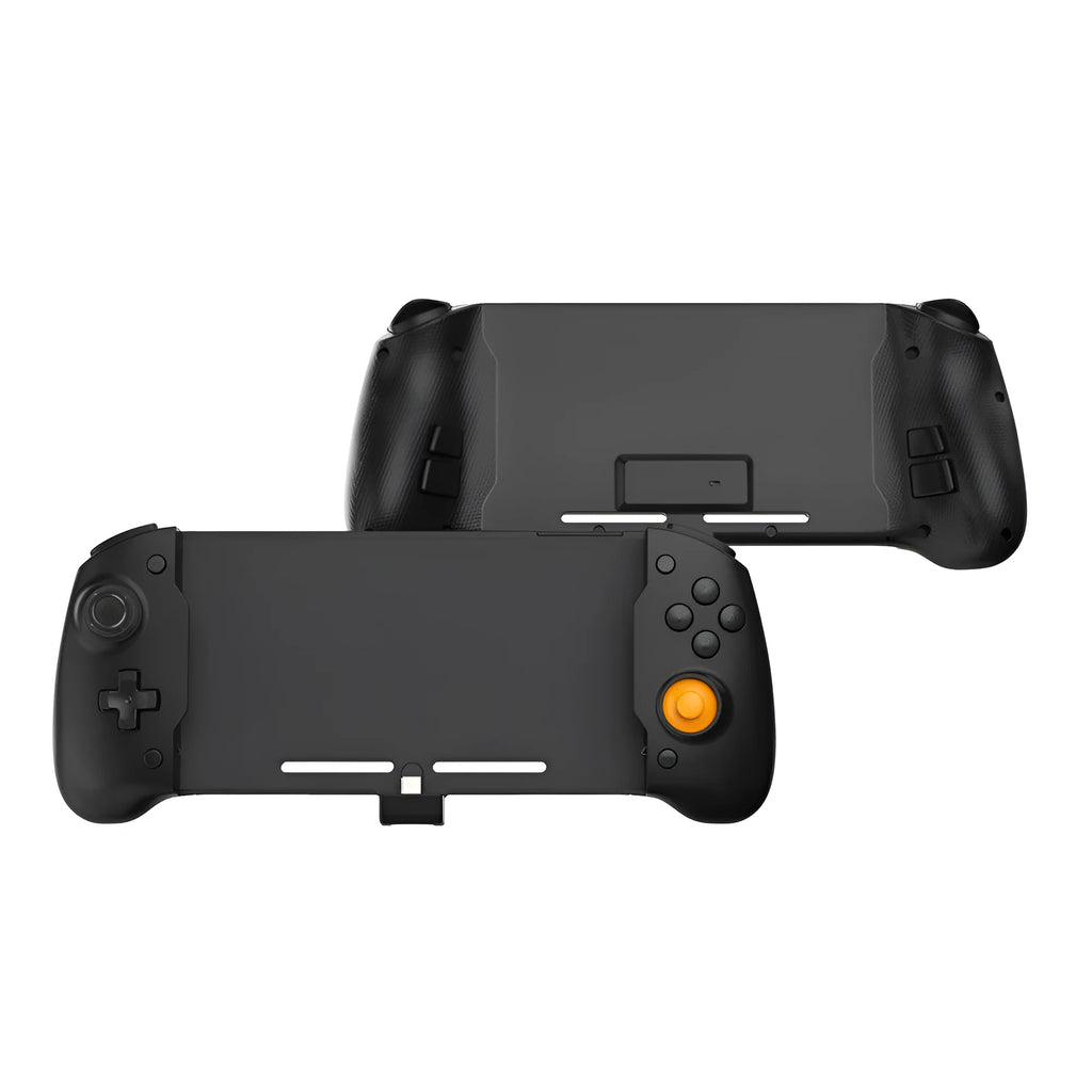 Black and white portable Nintendo Switch gamepad controller showing USB-C port.