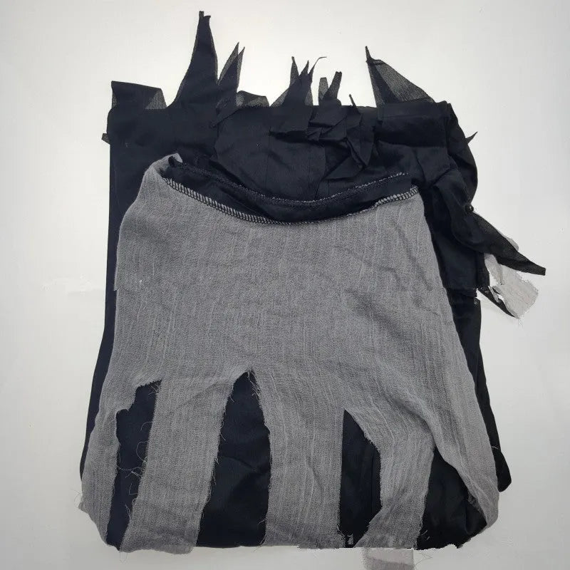 Adult Halloween costume set with ghost headgear, robe, belt, and gloves on display