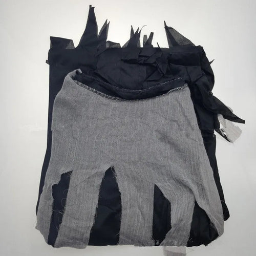 Adult Halloween costume set with ghost headgear, robe, belt, and gloves on display