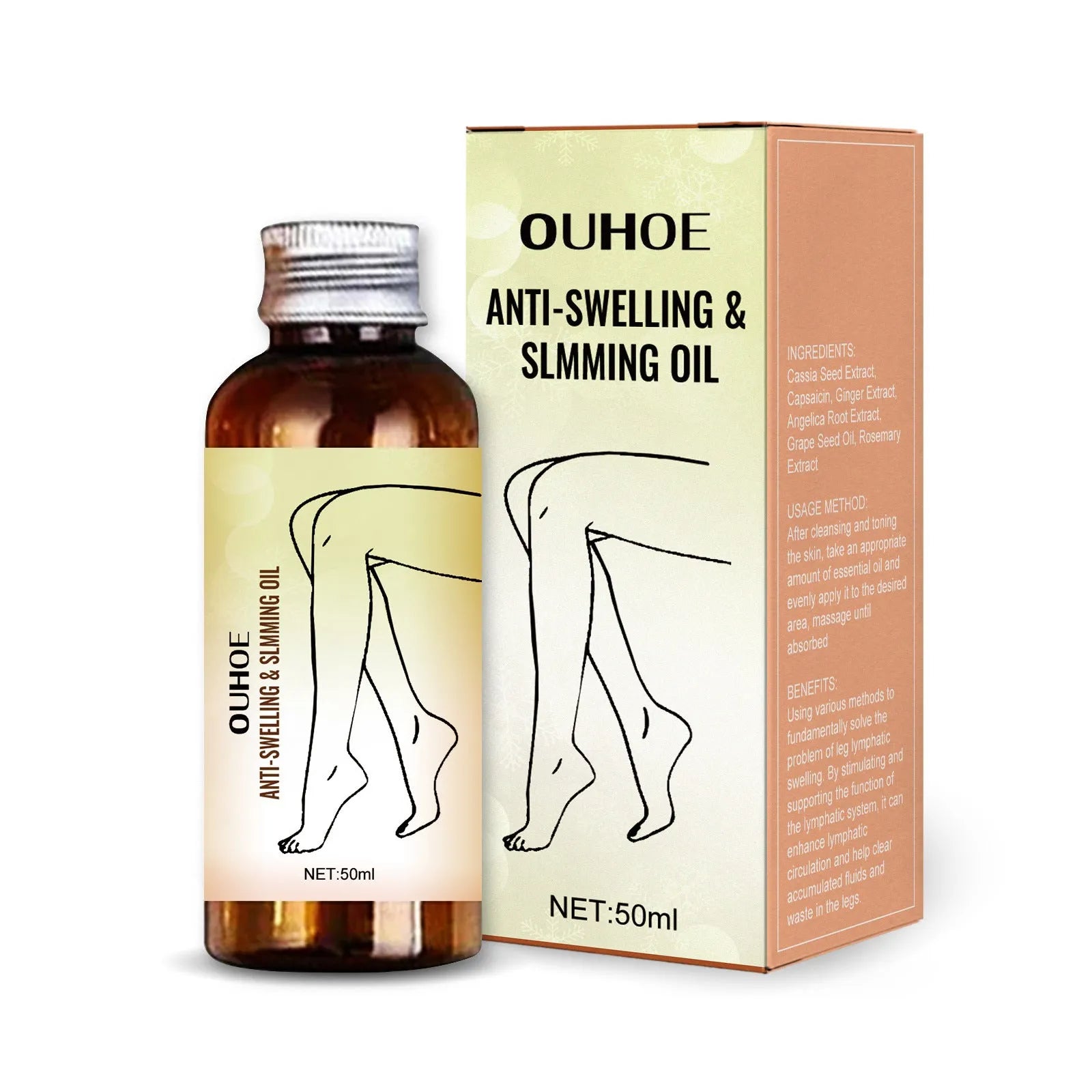50ml bottle of moisturising body oil with botanical extracts for skin care and leg massage