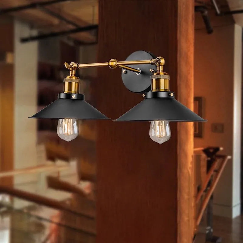 Black industrial dual head wall lamp with retro iron craft design and Edison bulb compatibility