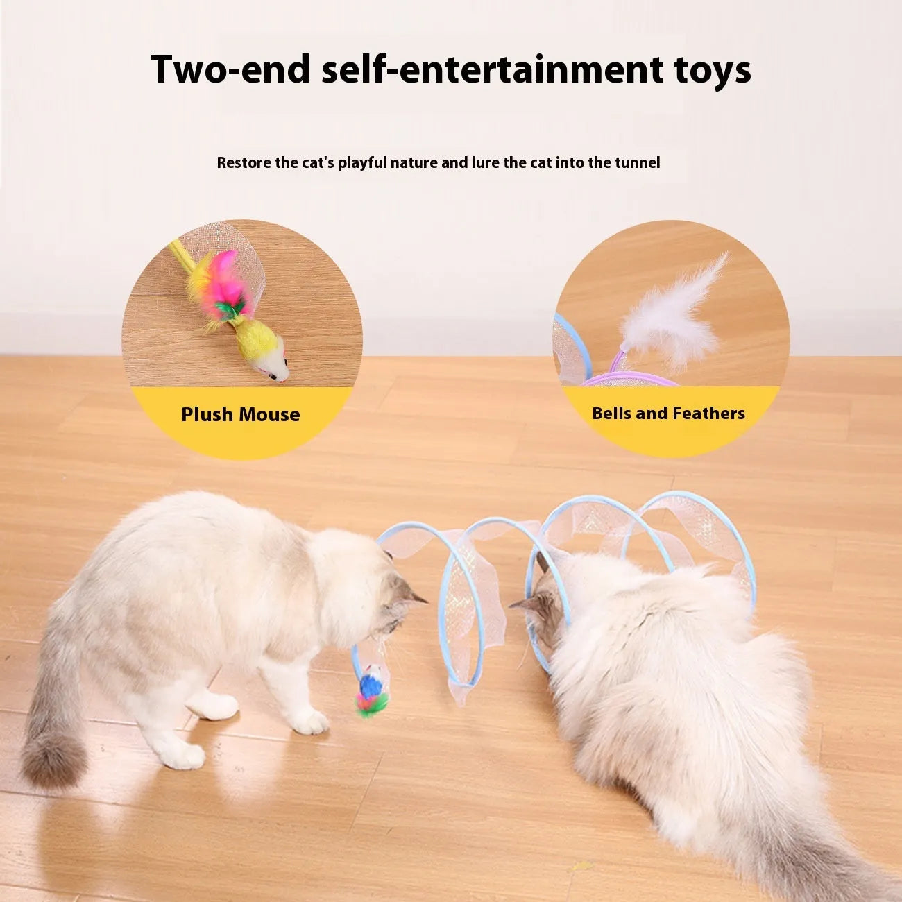 S-type cat tunnel toy with steel frame, elastic mesh, and feather attachment for feline enrichment