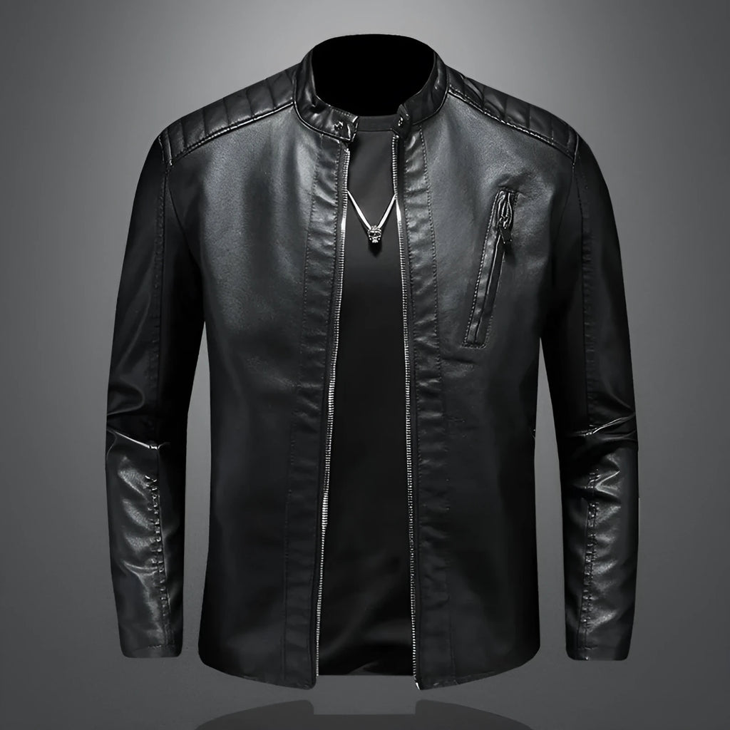 Fall plus size PU leather jacket with stand collar for men, available in black or white, featuring zipper pockets