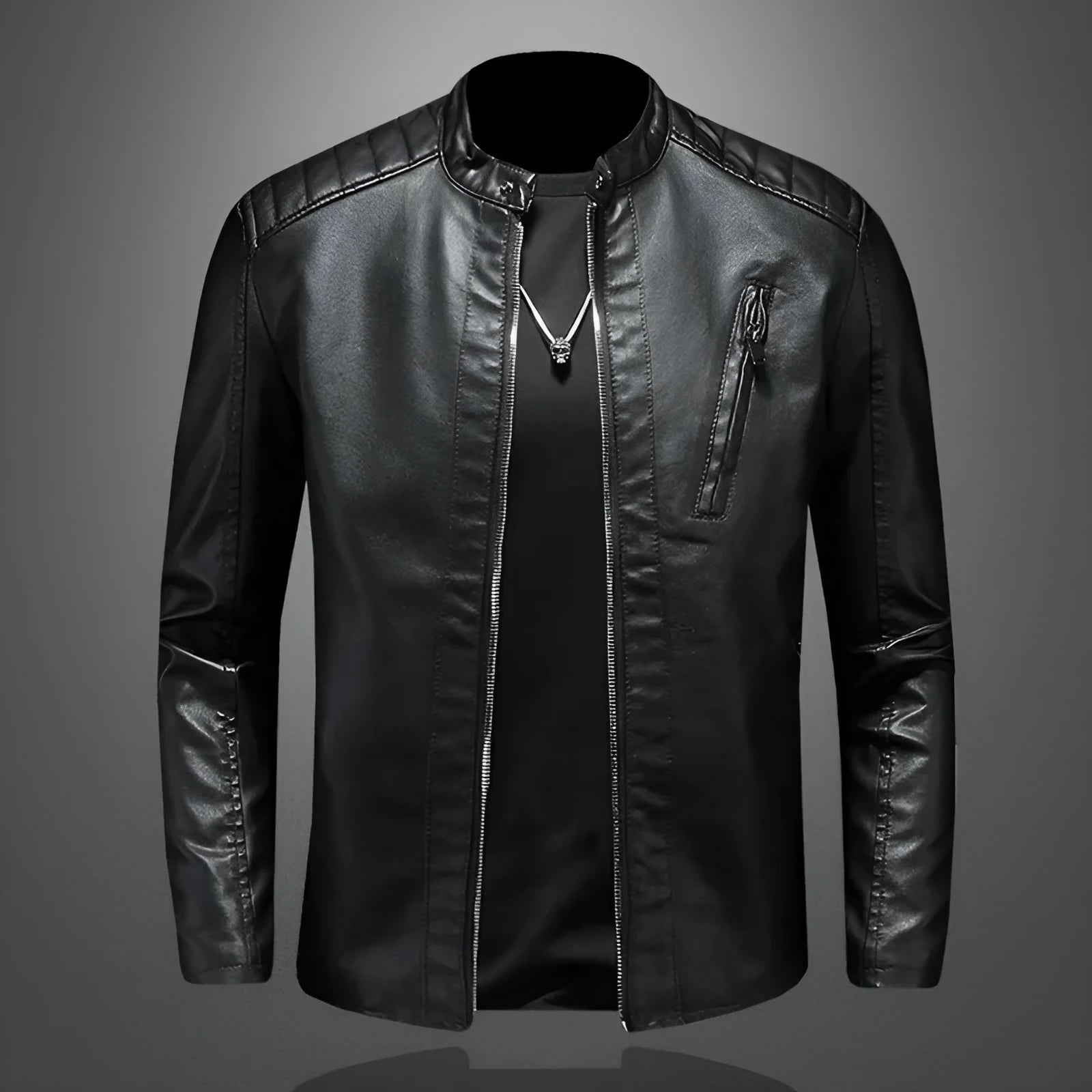 Fall plus size PU leather jacket with stand collar for men, available in black or white, featuring zipper pockets