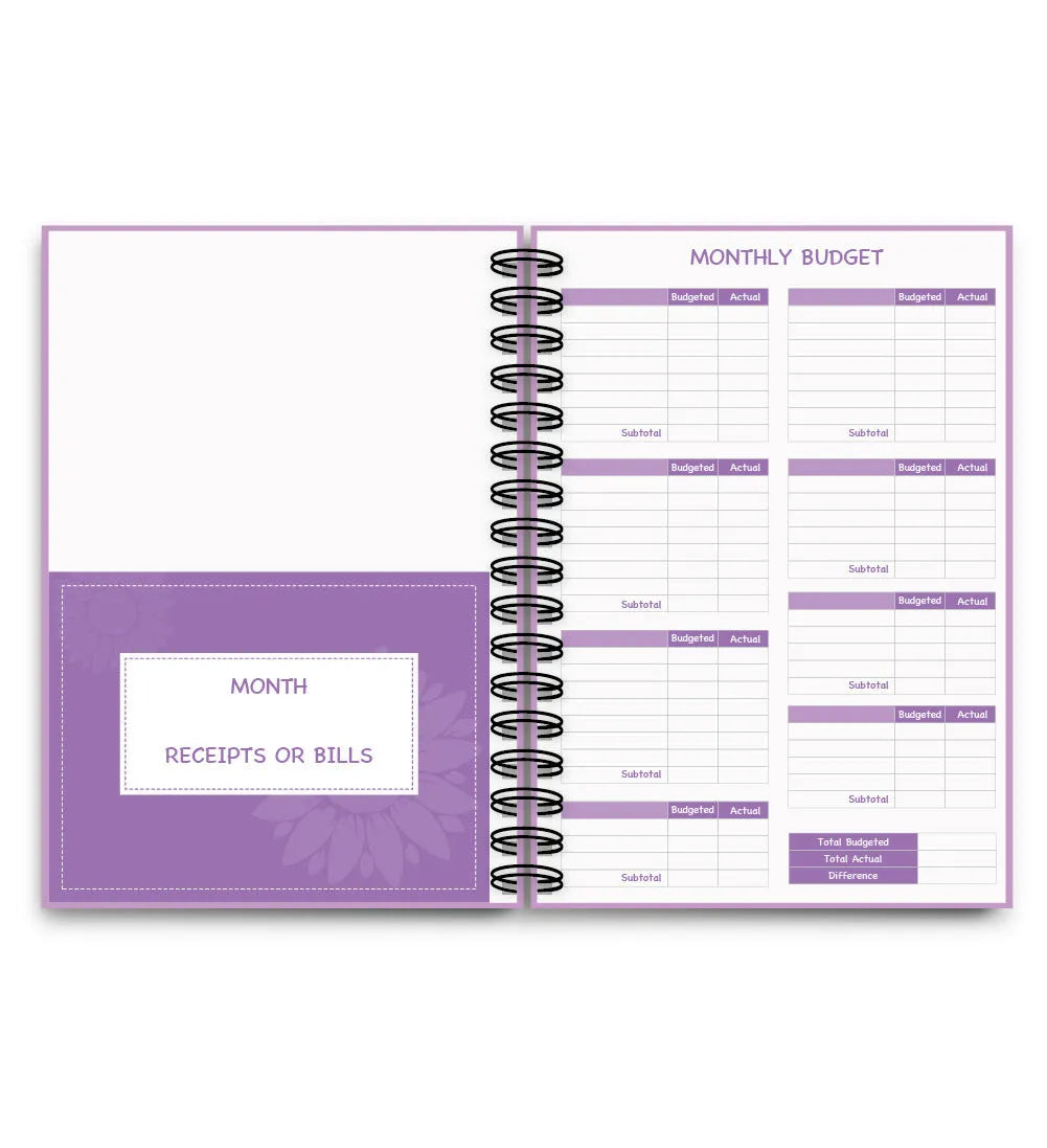 Purple coil-bound financial planning notebook with budgeting stickers and paper clips for monthly expense tracking