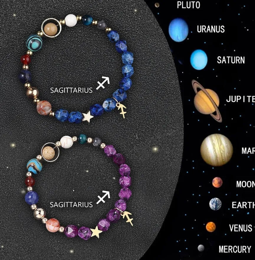 Two adjustable beaded bracelets with natural stone zodiac charms and metal accents on a wrist.