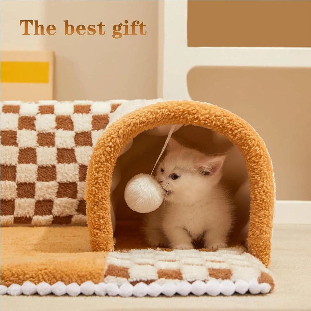 Brown plaid plush cat tunnel bed with central mat showing collapsible zipper design and non-slip bottom
