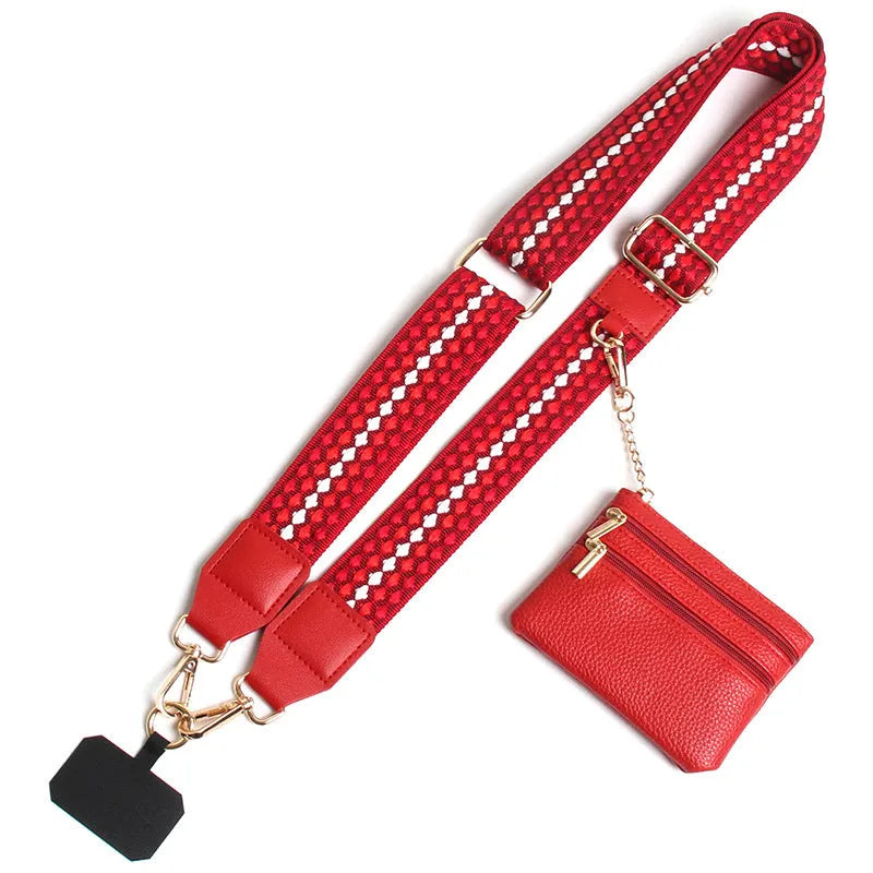 Polyester mobile phone lanyard with silk screen print in apricot colour showing long shoulder strap design