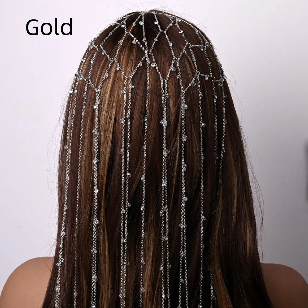 Gold or silver electroplated mesh rhinestone headband with tassel decoration