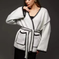 Loose mid-length lace-up knitted cardigan in black, white, or camel colour with thick imitation cashmere fabric