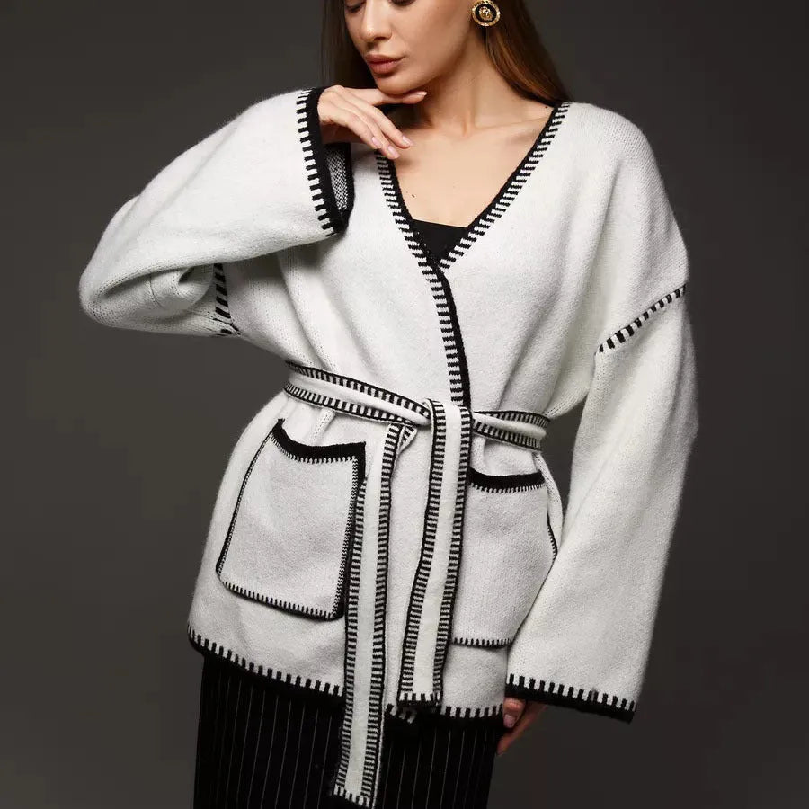 Loose mid-length lace-up knitted cardigan in black, white, or camel colour with thick imitation cashmere fabric