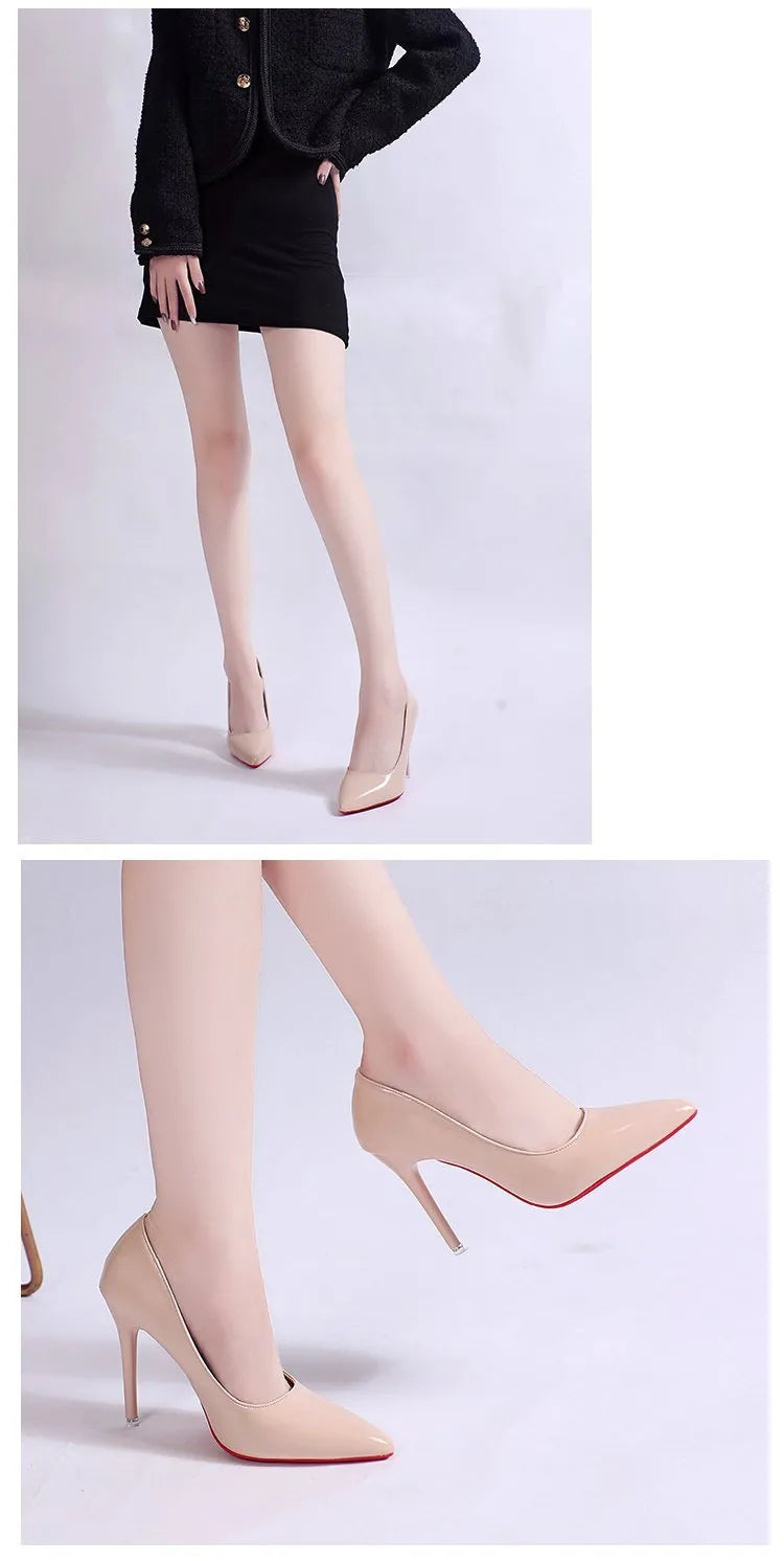 Women's pointed toe stiletto pump in a solid colour with a shallow cut, showing heel height options.