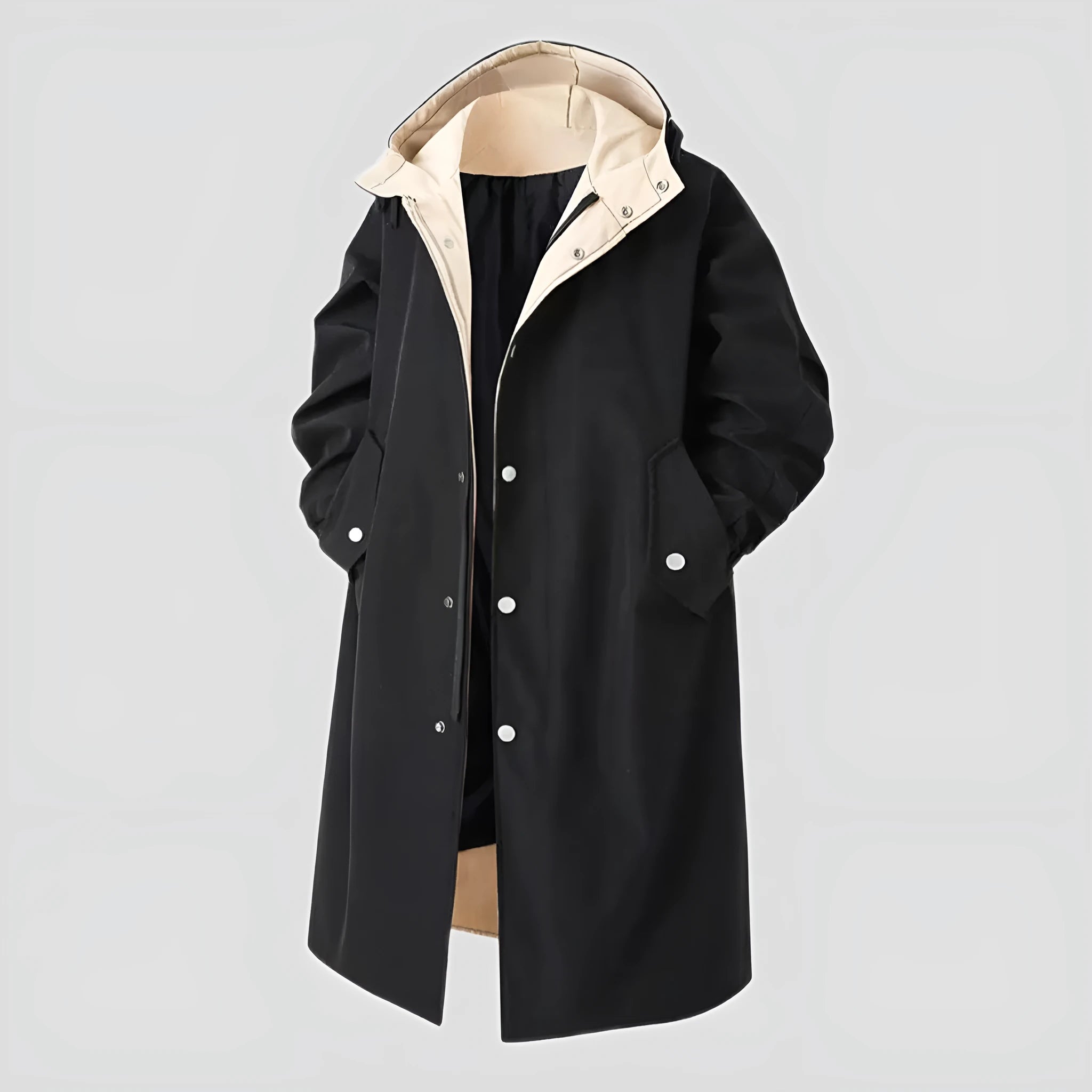 Men's solid color large size mid-length hooded trench coat in black, front view, standing on plain background