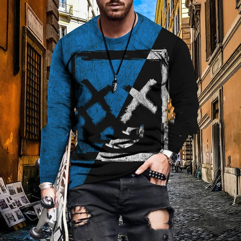 Colour block printed men's top with round neck in polyester blend fabric, digital print pattern