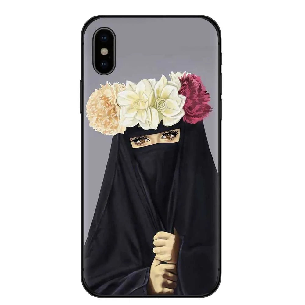 Islamic hijab veil girl TPU phone case with rhinestones floral letters painted design for iPhone