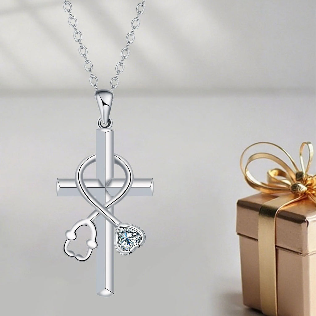Cross stethoscope necklace with copper pendant on cross chain, medical-themed women's jewellery