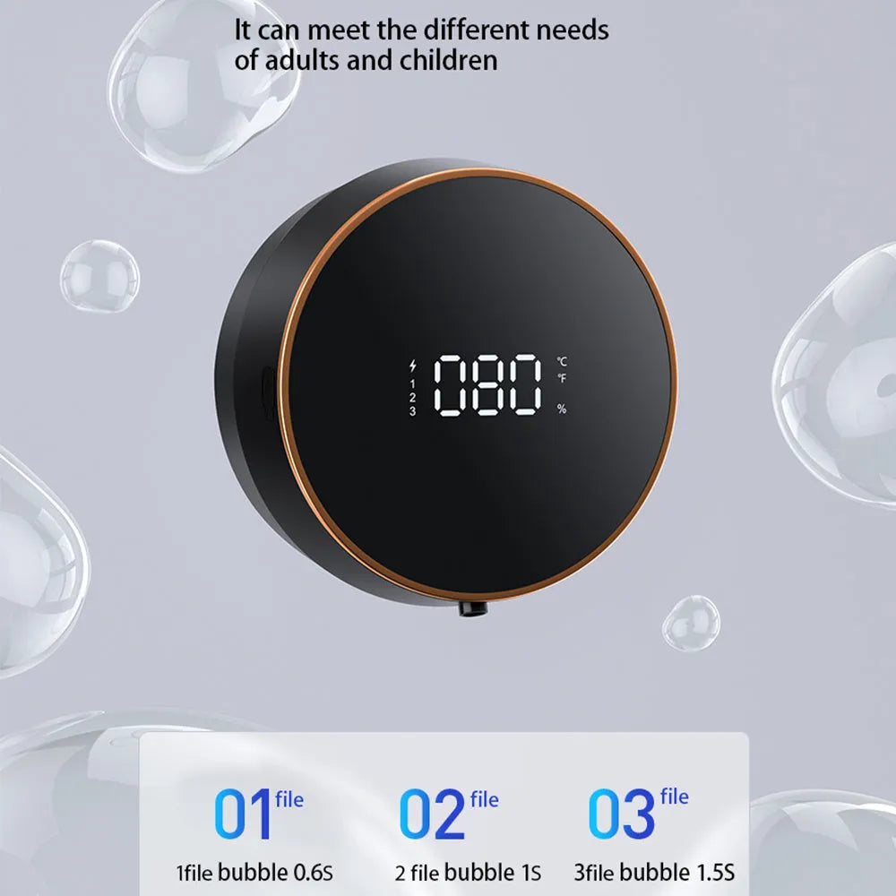 Black and white automatic foam soap dispenser with USB charging port mounted on wall