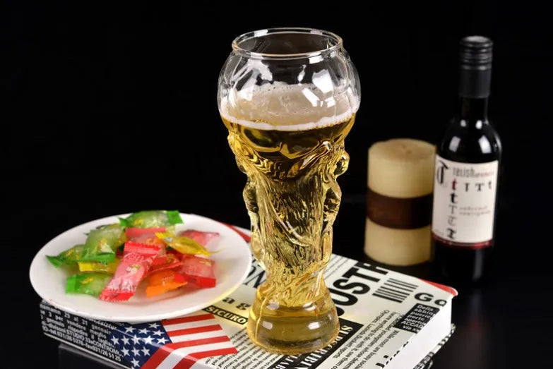 Hercules transparent glass beer cup shaped like a world cup trophy with 450ml capacity and 19cm height