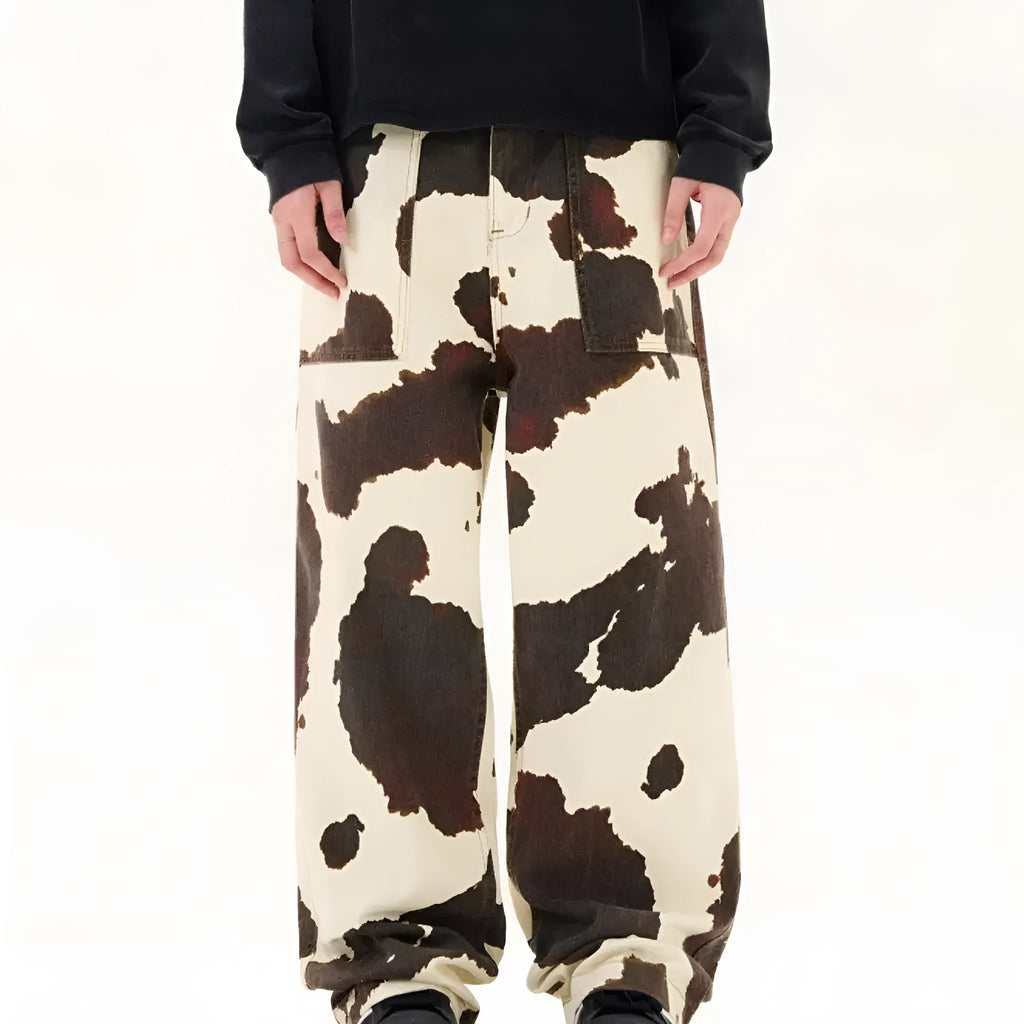 Men's straight-leg casual trousers with a retro cow pattern in a cotton blend fabric.