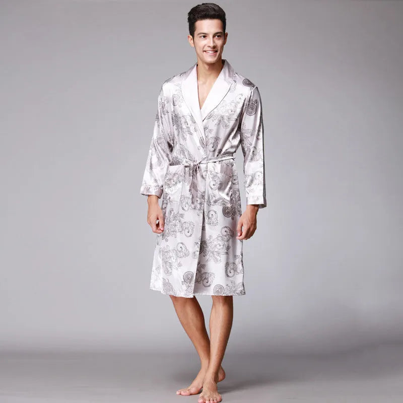 Men silk robe in wine red with V-neck and long sleeves, satin fabric with 95% modal, available in sizes L to 3XL