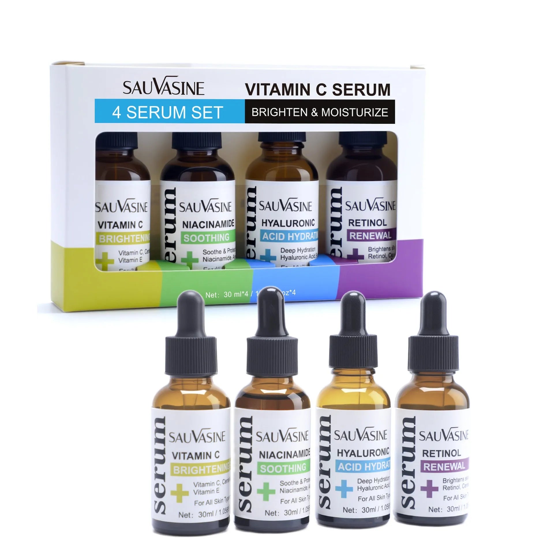 Vitamin C 4-piece skin care set with four 30ml bottles for facial treatment