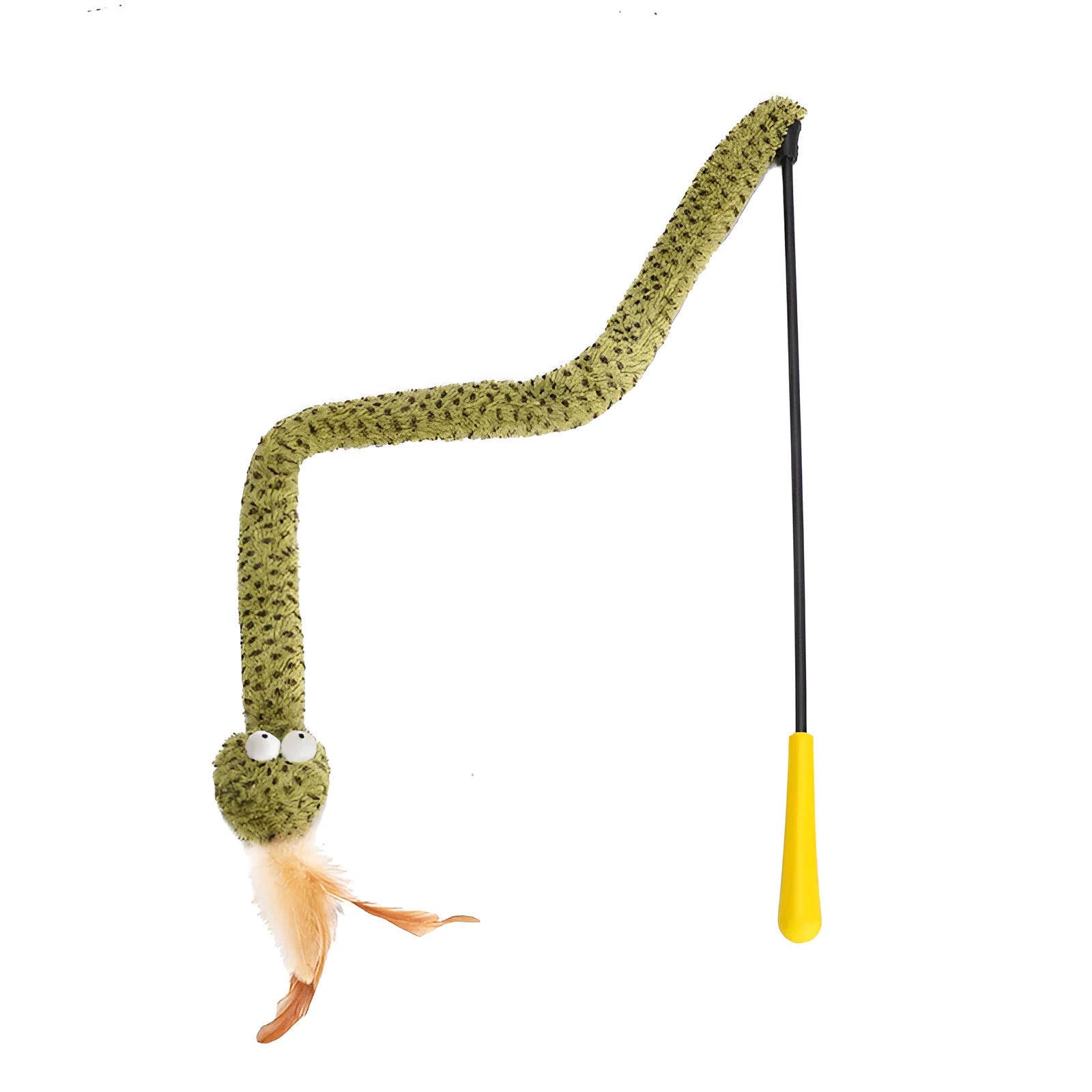 Green feather cat teasing stick with snake design on 140cm pole for interactive play