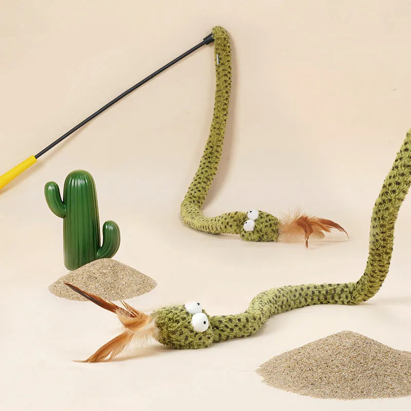 Green feather cat teasing stick with snake design on 140cm pole for interactive play