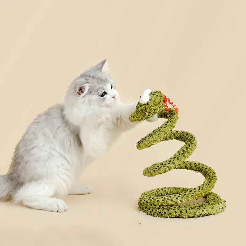 Green feather cat teasing stick with snake design on 140cm pole for interactive play