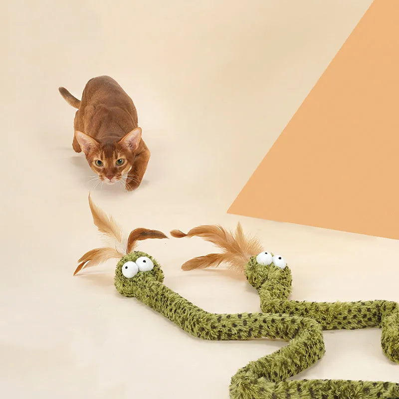 Green feather cat teasing stick with snake design on 140cm pole for interactive play