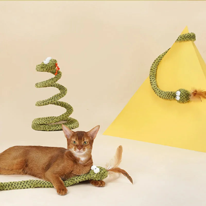 Green feather cat teasing stick with snake design on 140cm pole for interactive play