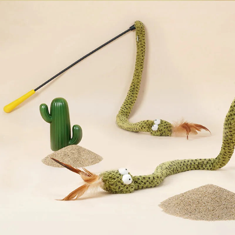Green feather cat teasing stick with snake design on 140cm pole for interactive play