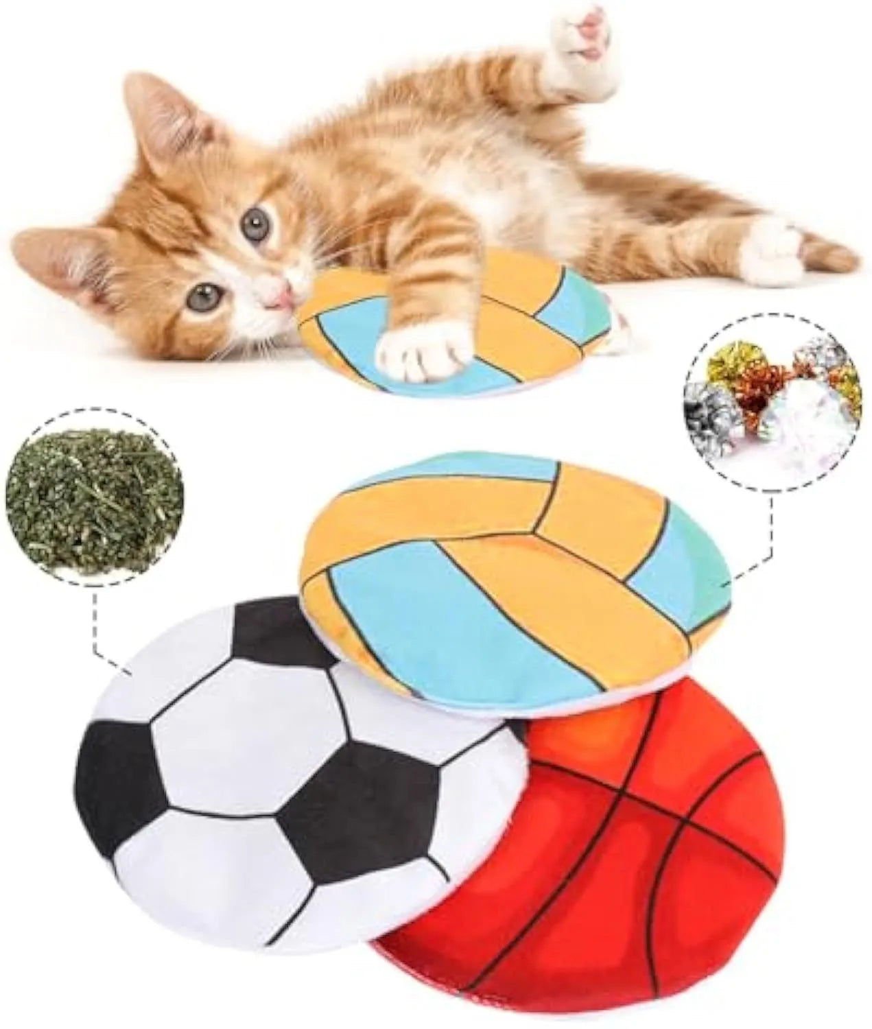 Flat disc cat toy with sports ball pattern measuring 5cm containing catnip and crinkle sound