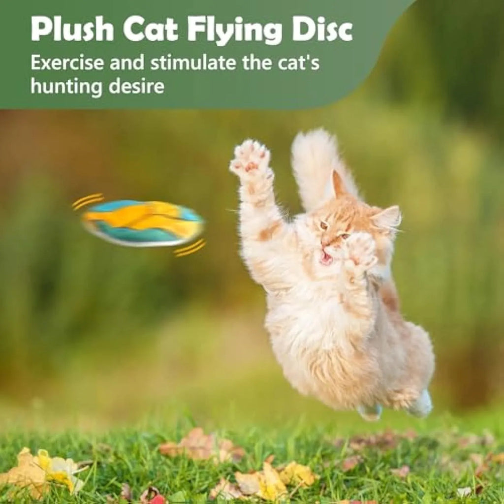 Flat disc cat toy with sports ball pattern measuring 5cm containing catnip and crinkle sound