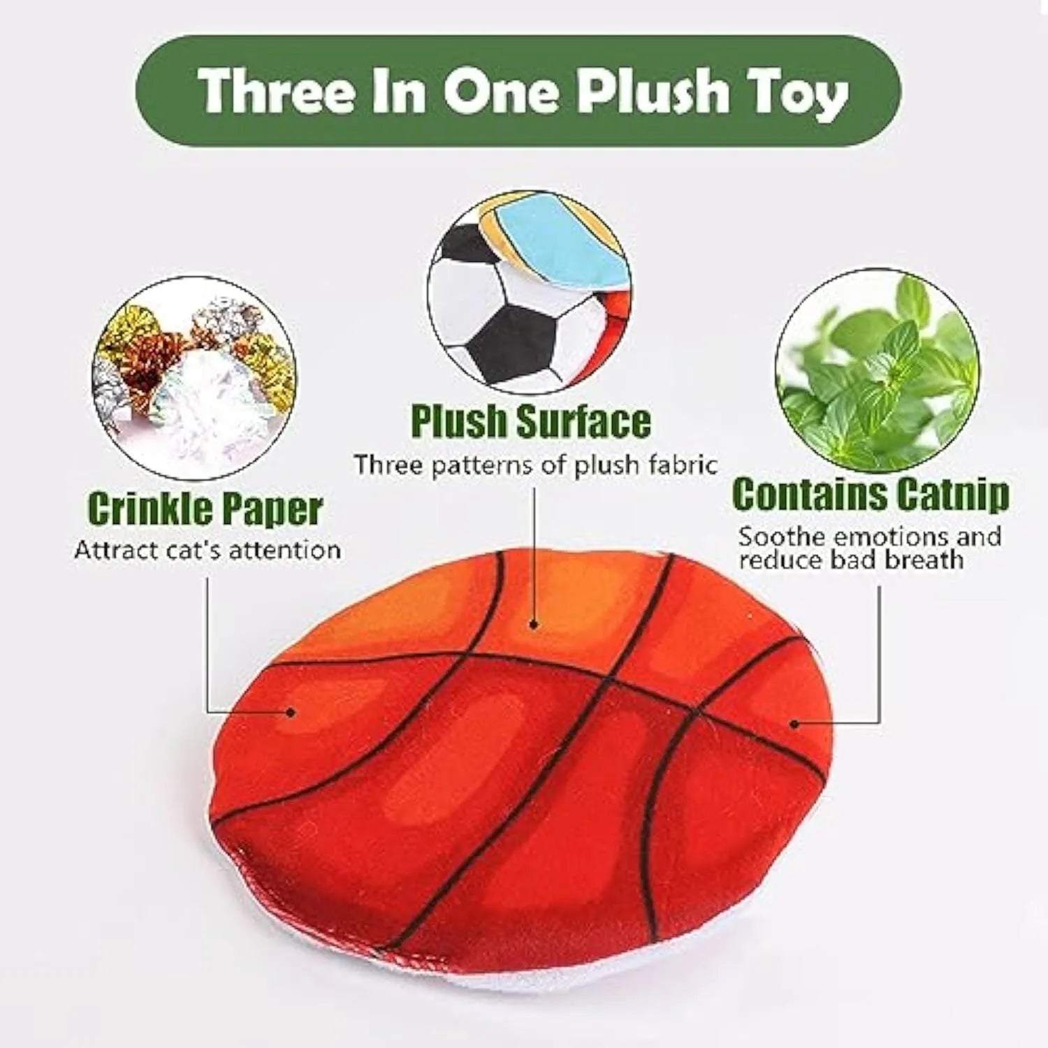 Flat disc cat toy with sports ball pattern measuring 5cm containing catnip and crinkle sound