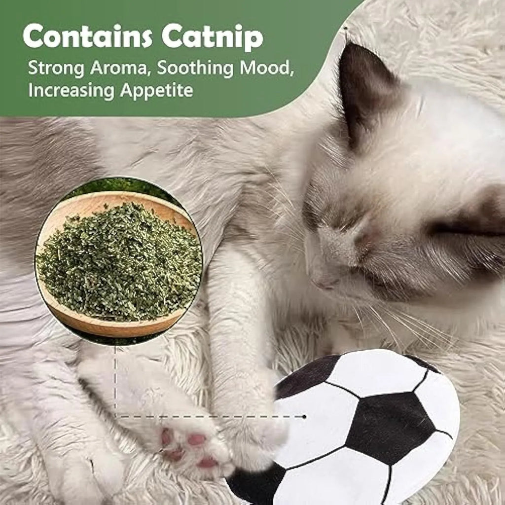 Flat disc cat toy with sports ball pattern measuring 5cm containing catnip and crinkle sound