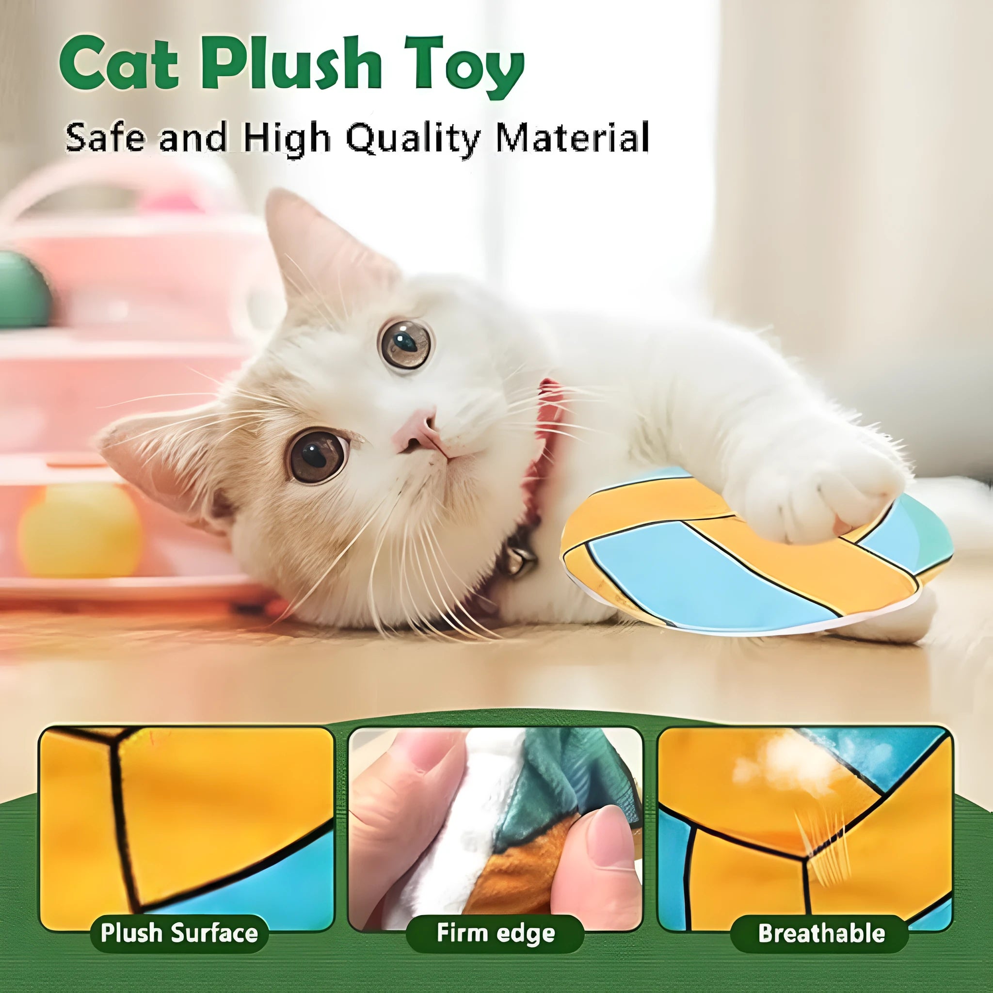 Flat disc cat toy with sports ball pattern measuring 5cm containing catnip and crinkle sound