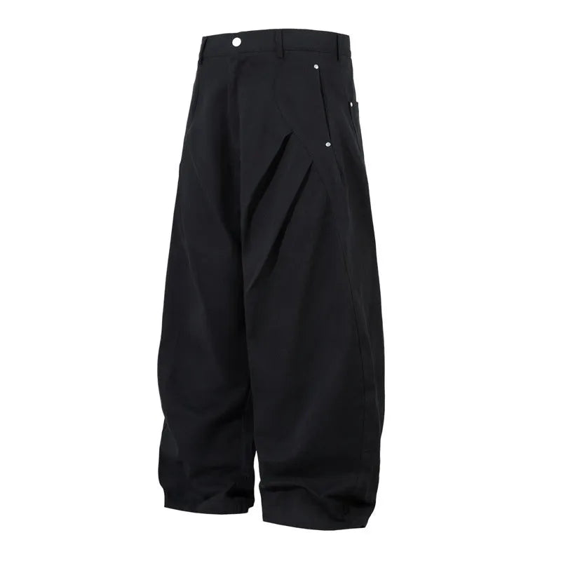 Black men's loose-fitting cotton pleated trousers with a wide-leg casual style.