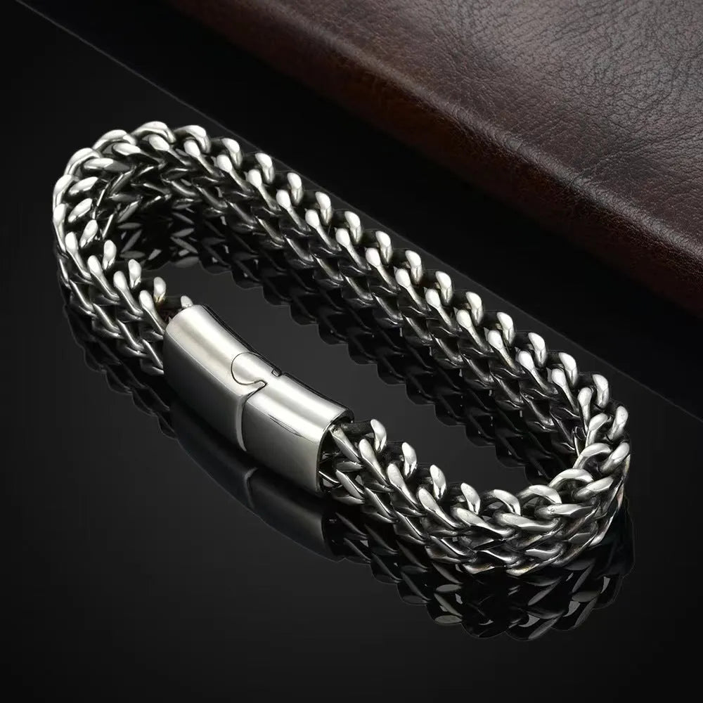 Silver titanium steel geometric hip hop bracelet showing front and back design with chain links